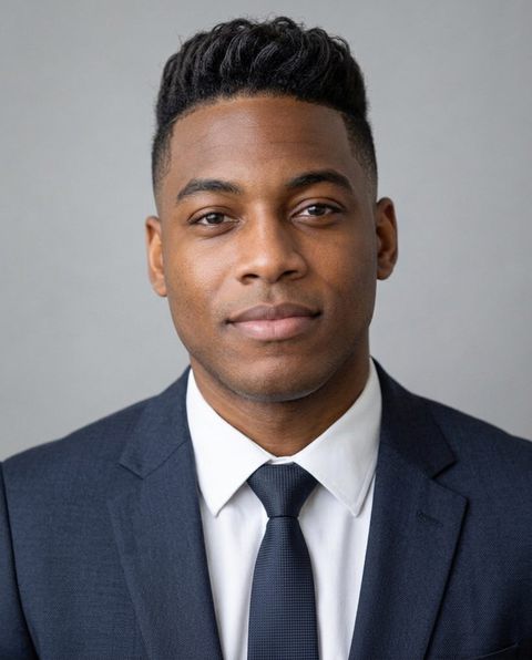 Quiff, clean shaven, suit — AI makeover example on a sample photo